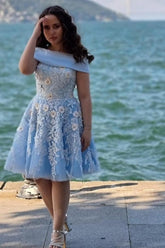 A-Line Light Blue Off The Shoulder Tulle Short Sleeve Prom Evening Dresses with Appliques